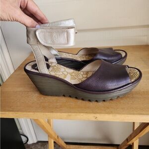 Stylish Fly London Purple and Cream Women's Wedge Sandals